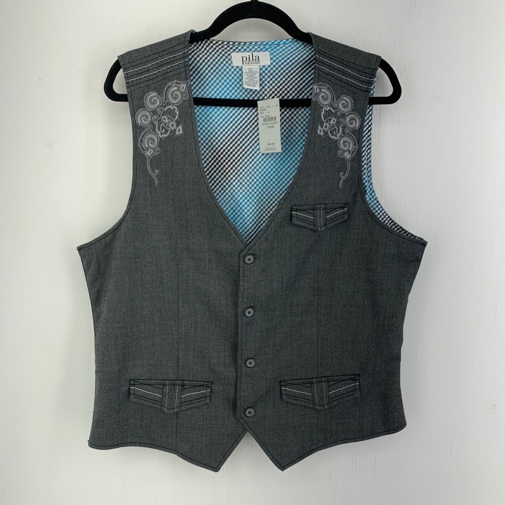 Pila Design Mens Large Embroidered Western Vest Cowboy Gothic Rodeo Party NEW